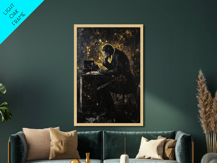 Haunted Writer at Desk Metallic Gold Art, Gothic Metal Art Creepy Office Halloween Scene with Real Wood Frame for Spooky Season