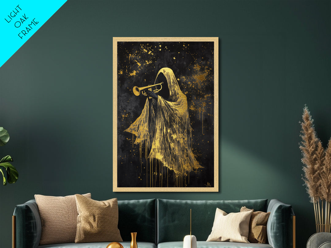 Trumpet-Playing Phantom Metallic Gold Art, Ghostly Musician Metal Art Halloween Wall Hanging in Natural Wood Frame Spooky Jazz Decor
