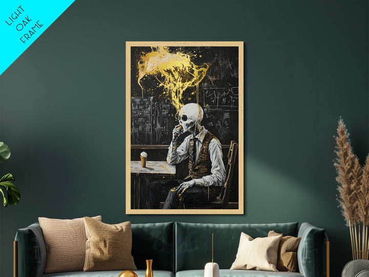 Skeleton Eating Ice Cream Metallic Gold Art, Quirky Metal Art Creepy Halloween Wall Decor Framed in Real Wood for Spooky Season