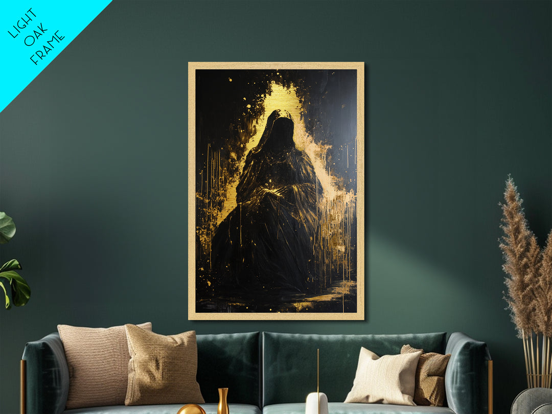 Dark Hooded Phantom Metallic Gold Art, Gothic Metal Art Haunted Shadow Figure Wall Decor in Natural Wood Frame for Halloween Atmosphere