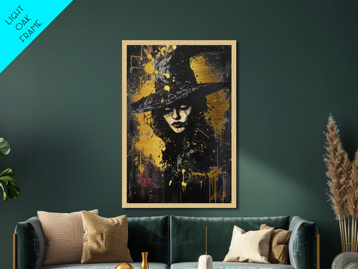 Witchy Woman Portrait with Hat – Metallic Gold Art Halloween Wall Decor, Gothic Metal Art, Dark Glam with Real Wood Frame