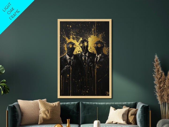Steampunk Horror Trio – Gothic Plague Mask Characters, Metallic Gold Art, Creepy Halloween Metal Art, Natural Wood Framing
