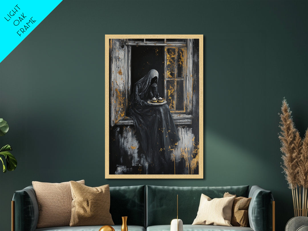 Haunting Widow in Window – Metallic Gold Art, Spooky Gothic Metal Art, Creepy Halloween Decor with Real Wood Framing