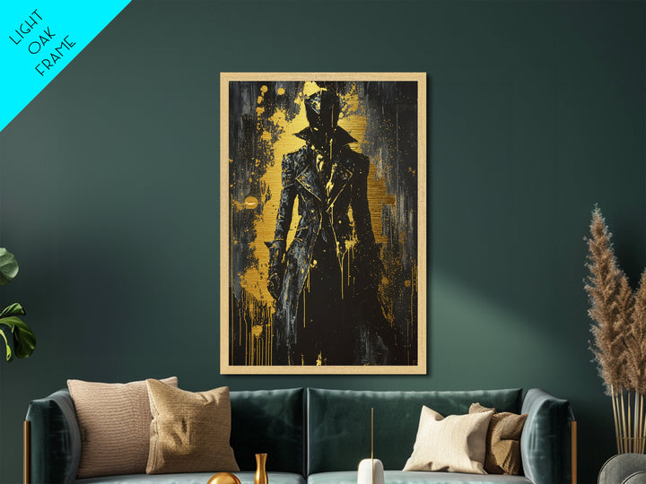 Dark Shadow Figure Metal Art, Gothic Horror Metallic Gold Art Framed in Real Wood, Creepy Haunted Halloween Wall Hanging