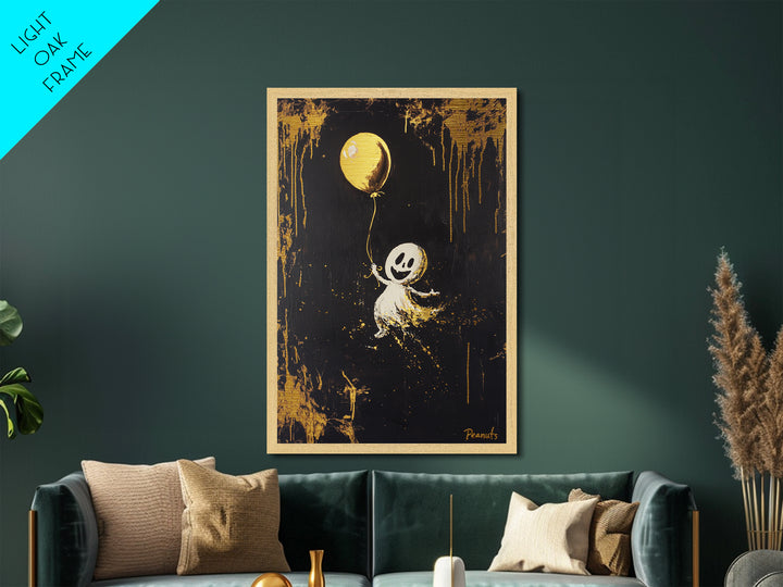 Cute Ghost Metallic Gold Art Metal Art, Spooky Halloween Wall Art with Balloon, Framed in Real Wood for Seasonal Decor