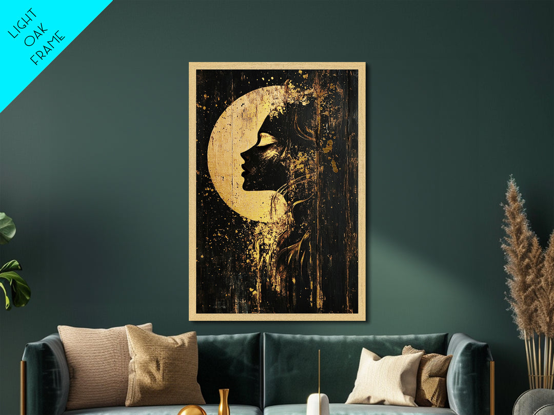 Moonlit Goddess Metallic Gold Art, Gothic Witchy Metal Art on Wood Frame, Spooky Halloween Season Wall Hanging Accent