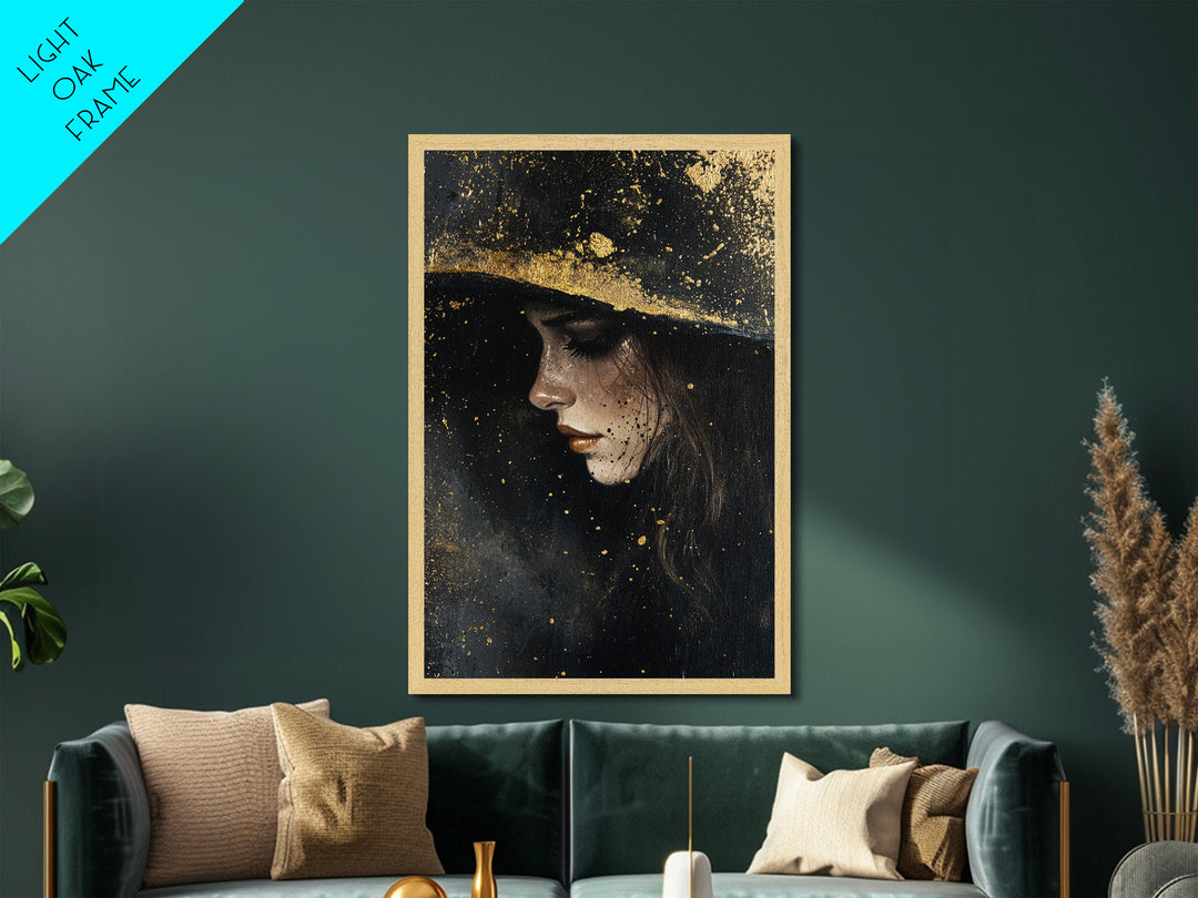 Mystical Witch Portrait Metallic Gold Art, Dark Gothic Metal Art with Framed Natural Wood, Haunted Spooky Season Wall Art