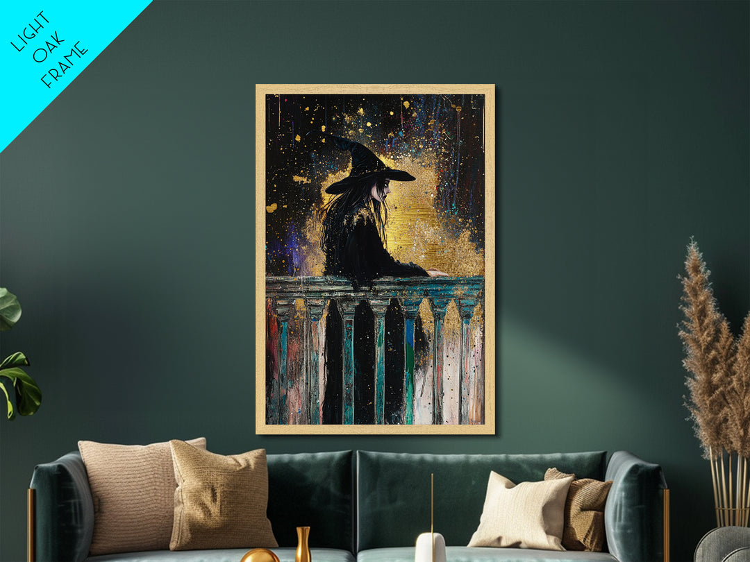 Witch on Balcony Gothic Metal Art, Spooky Metallic Gold Art with Wooden Frame, Halloween Haunted Season Wall Decor Accent