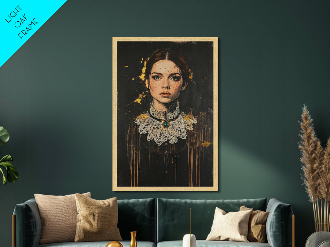 Victorian Lady Metallic Gold Art Metal Art Gothic Haunted Portrait with Lace Collar Framed in Real Wood Halloween Home Decor