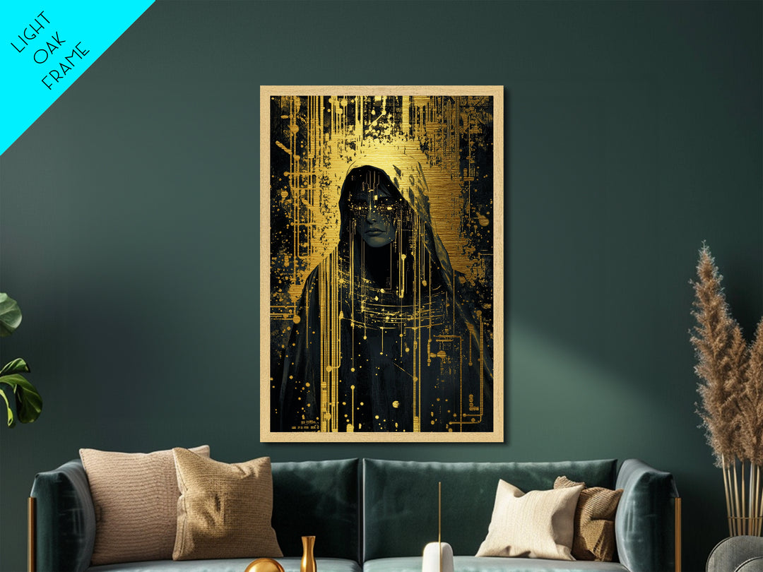Cyber Witch Metallic Gold Art Metal Art, Futuristic Gothic Halloween Portrait, Spooky Season Wall Hanging in Wood Frame