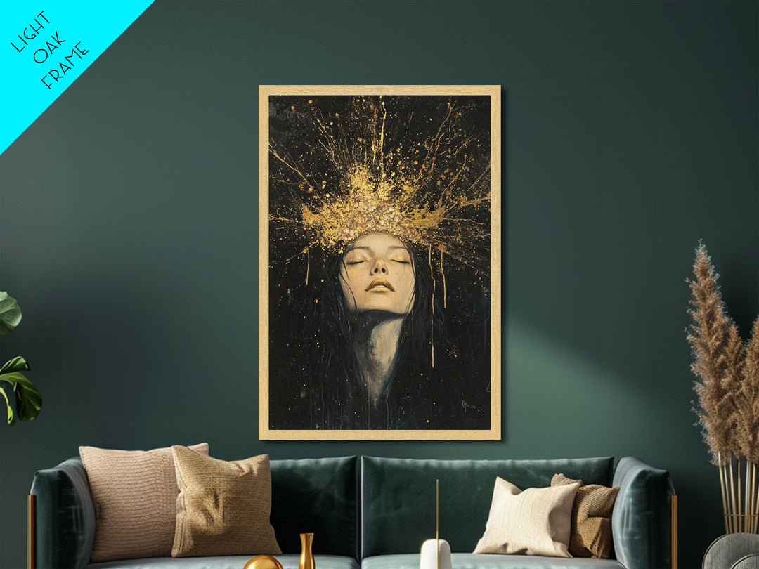 Witchy Crown Metallic Gold Art Metal Art Haunted Spells Halloween Portrait Framed in Real Wood Spooky Season Gothic Decor