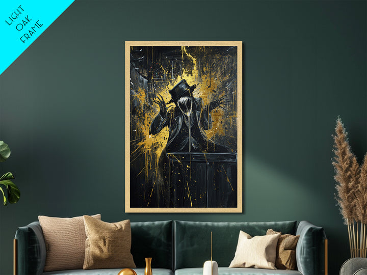 Top Hat Horror Metallic Gold Art Metal Art Gothic Creepy Halloween Painting with Real Wood Frame Haunted Spooky Season Decor