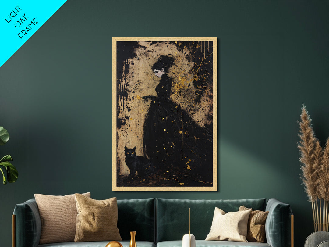 Gothic Witch Metallic Gold Art Metal Art Haunted Woman and Black Cat Framed in Natural Wood Spooky Halloween Wall Artwork