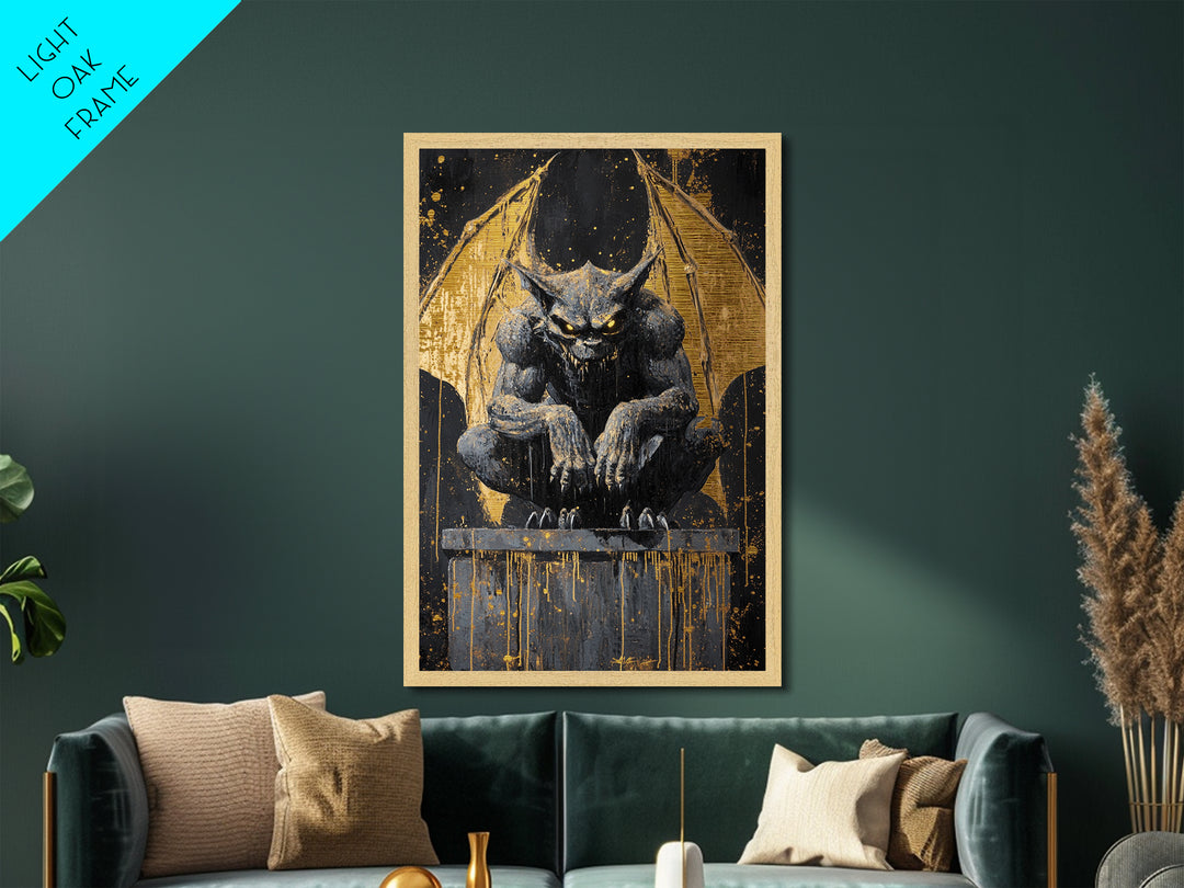 Gargoyle Metallic Gold Art Metal Art Gothic Demon Halloween Statue Painting Framed in Real Wood Spooky Haunted Wall Artwork