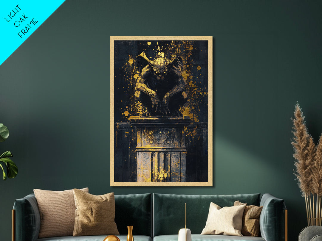 Gothic Gargoyle Metallic Gold Art Metal Art | Haunted Wall Decor with Real Wood Frame for Spooky Season and Halloween Vibes