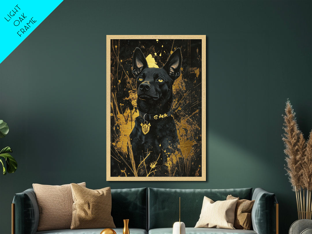Halloween Black Dog Metallic Gold Art Metal Art | Spooky Pet Portrait Wall Decor Framed in Natural Wood Gothic Style