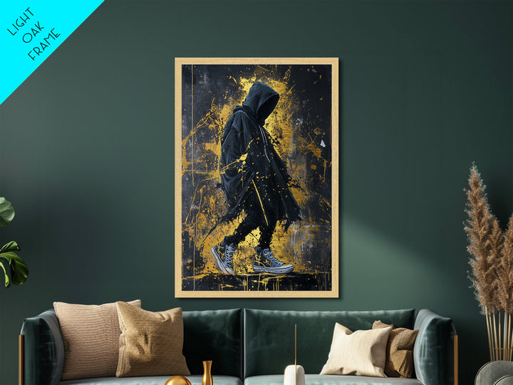 Creepy Hooded Figure Metallic Gold Art Metal Art | Spooky Season Wall Art Framed in Real Wood | Halloween Haunted Decor
