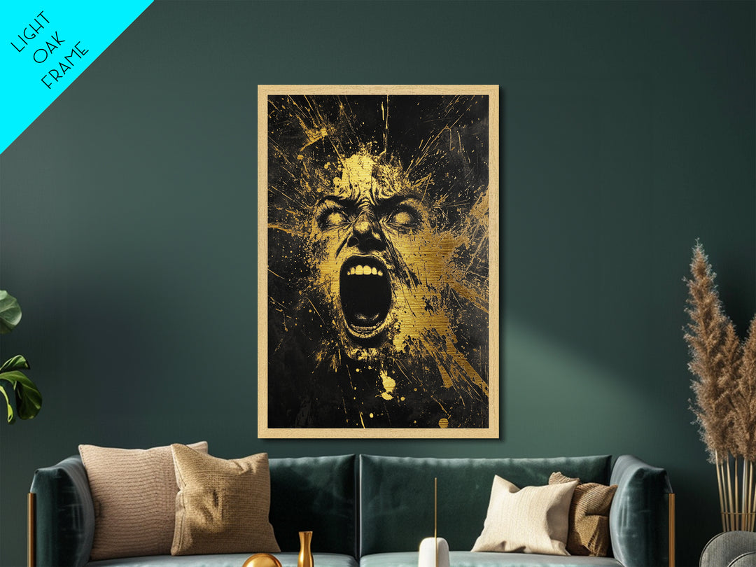Horror Scream Face Metallic Gold Art Metal Art | Haunted Gothic Halloween Wall Art in Real Wood Frame | Spooky Home Accent