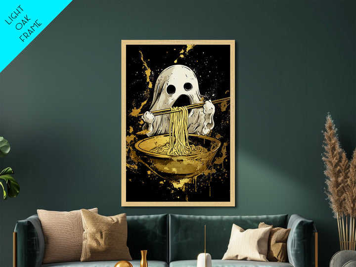Ghost Ramen Metallic Gold Art Metal Art, Funny Spooky Halloween Wall Art, Noodle Lover Haunted Decor in Real Wood Frame