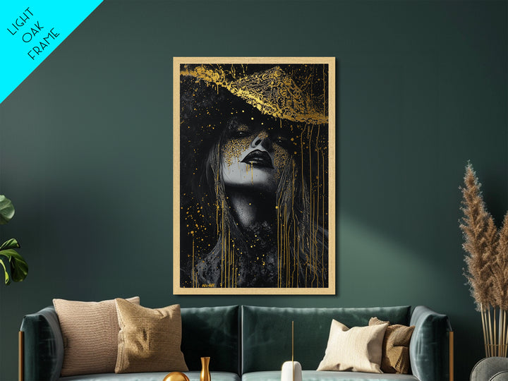 Witchy Woman Metallic Gold Art Metal Art | Spooky Halloween Wall Art with Real Wood Framing | Gothic Haunted Seasonal Decor