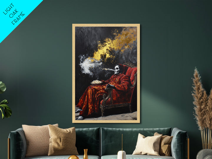 Skeleton in Red Chair Metallic Gold Art Metal Art | Creepy Halloween Wall Art Framed in Natural Wood | Spooky Horror Decor