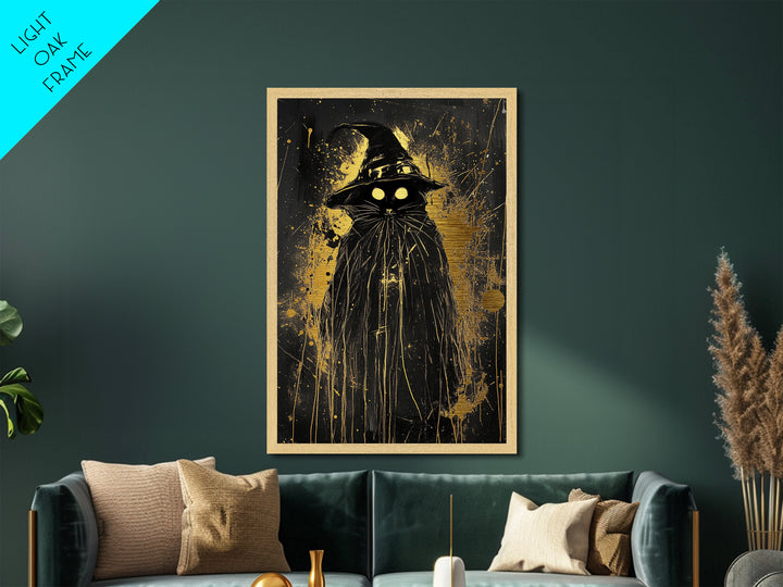 Black Cat Witch Metallic Gold Art Metal Art | Spooky Halloween Wall Decor in Real Wood Frame | Gothic Witchy Haunted Accent