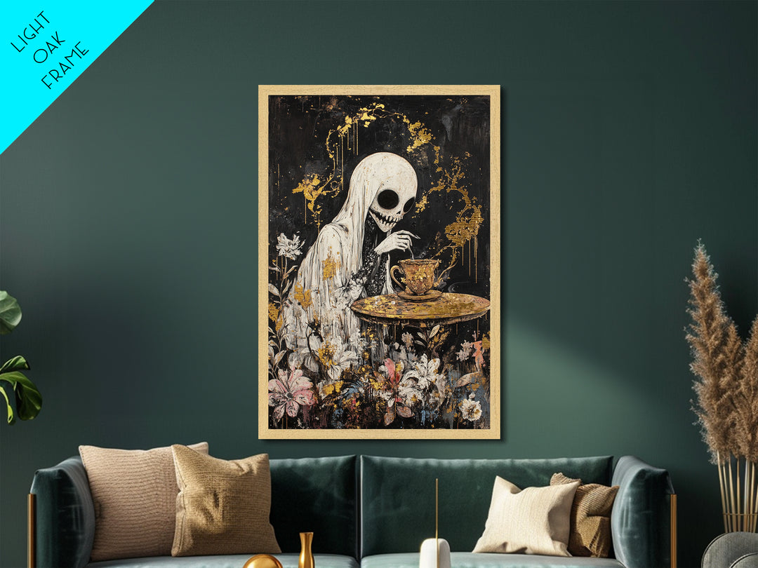 Creepy Skeleton Tea Party Metallic Gold Art, Haunted Horror Metal Art in a Real Wood Frame, Gothic Halloween Wall Hanging