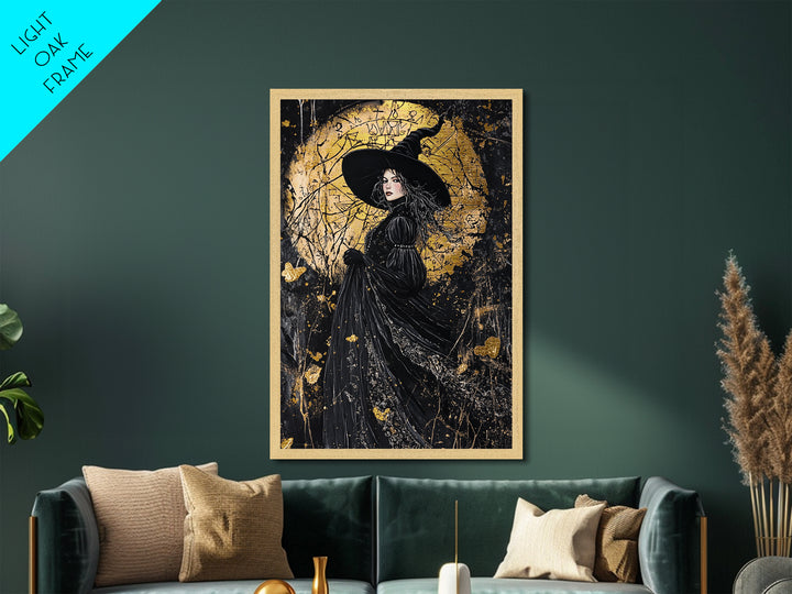 Occult Witch Portrait Metallic Gold Art with Spells, Gothic Sorcery Metal Art Framed in Natural Wood, Spooky Halloween Decor
