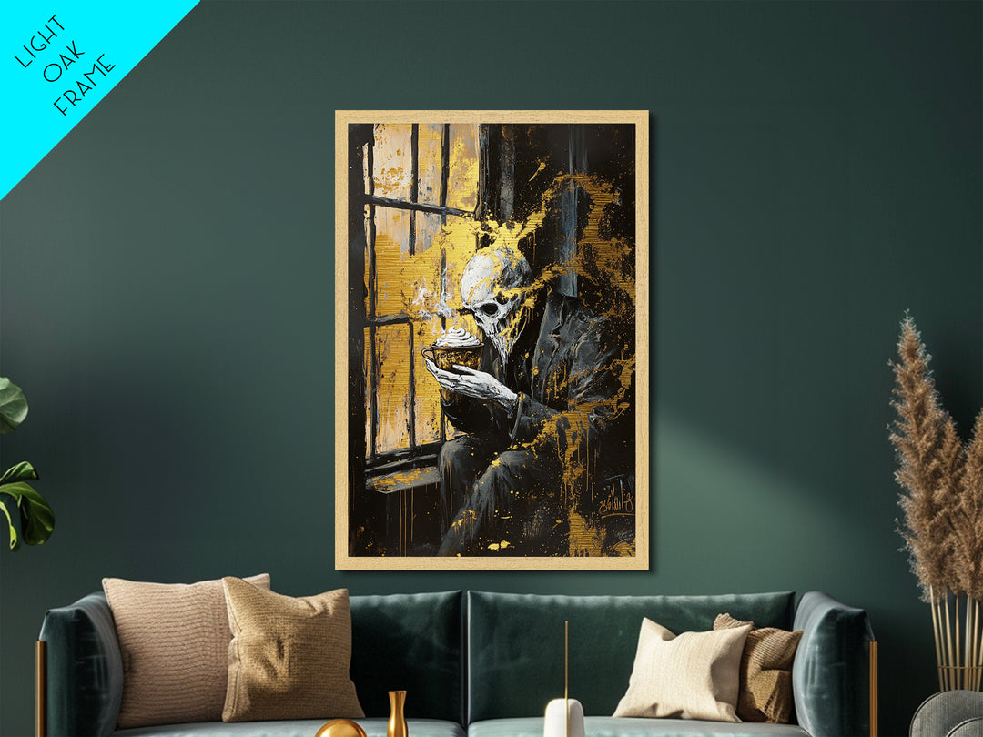 Haunted Skeleton by the Window Metallic Gold Art, Creepy Gothic Metal Art with Steam Cup Framed in Real Wood for Halloween