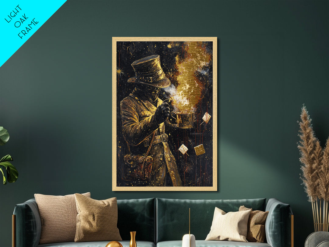 Haunted Gentleman with Fire Metallic Gold Art, Spooky Metal Art Painting, Gothic Horror Wall Decor Framed in Wood