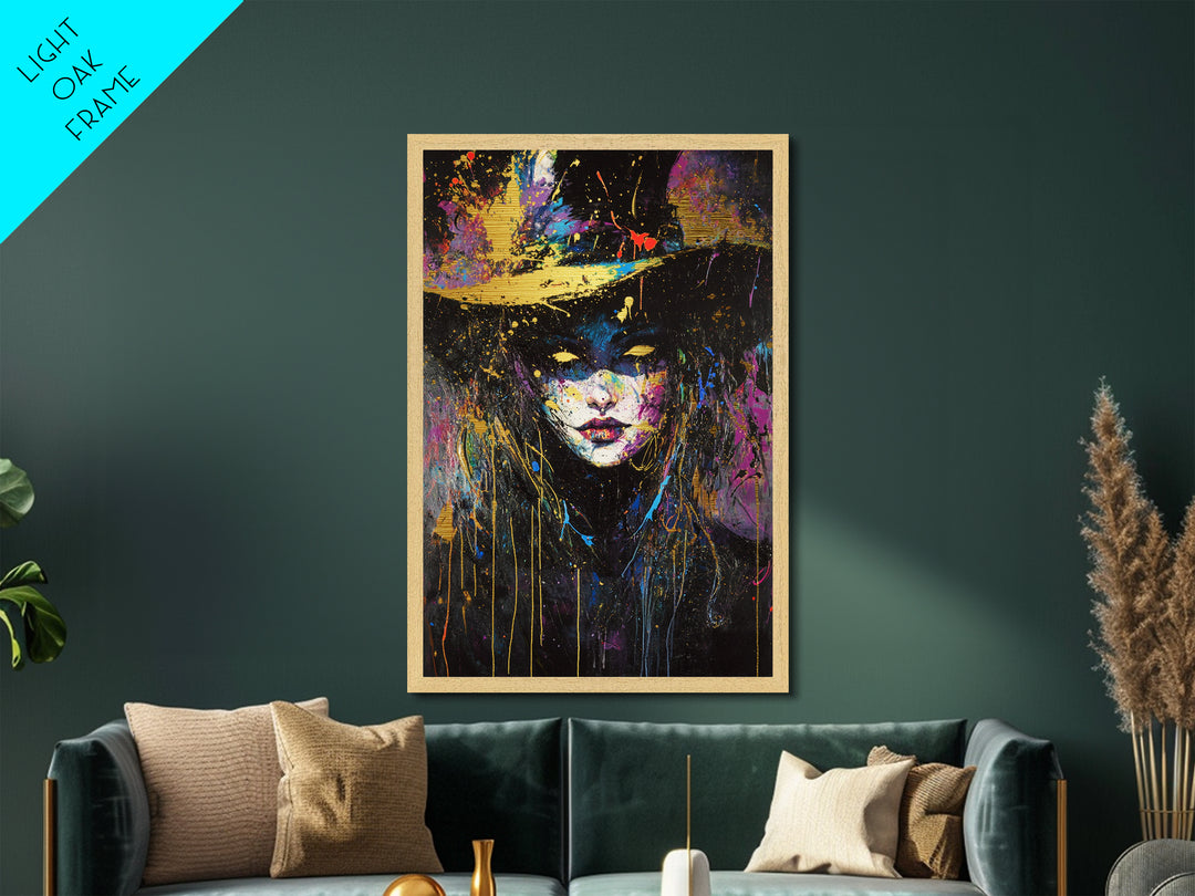Colorful Witch Face Metallic Gold Art with Neon Splatter, Gothic Spooky Season Metal Art in a Real Wood Frame Halloween Print