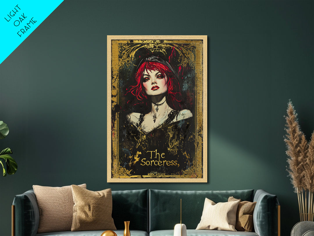 The Sorceress Gothic Portrait Metallic Gold Art, Dark Witchy Halloween Metal Art Framed in Natural Wood, Creepy Spooky Decor