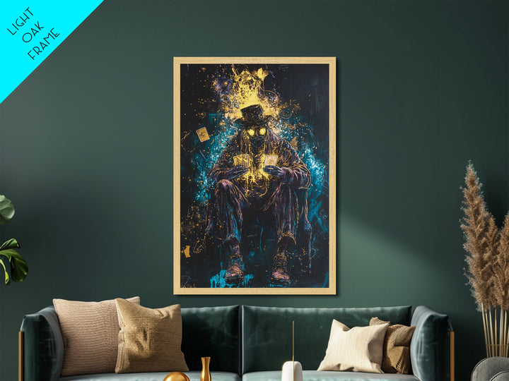 Tarot Card Reader Metallic Gold Art with Glowing Eyes, Gothic Fortune Teller Metal Art Framed in Real Wood for Spooky Season