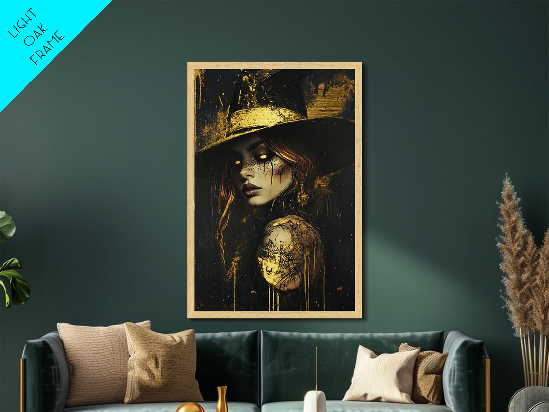Mystic Witch Portrait Metallic Gold Art with Moon, Gothic Occult Halloween Metal Art in a Real Wood Frame, Spooky Wall Decor