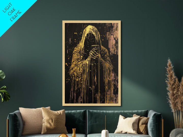 Grim Reaper with Cassette Metallic Gold Art, Haunted Spooky Horror Metal Art on Black Canvas with Real Wood Frame Halloween