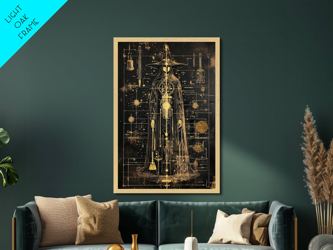 Alchemist Witch Schematic Metallic Gold Art, Gothic Occult Halloween Metal Art Framed in Natural Wood, Spooky Season Decor