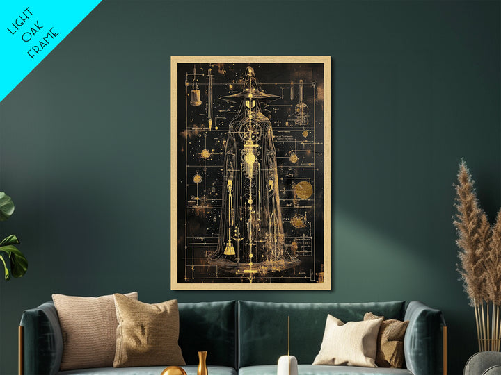 Alchemist Witch Schematic Metallic Gold Art, Gothic Occult Halloween Metal Art Framed in Natural Wood, Spooky Season Decor