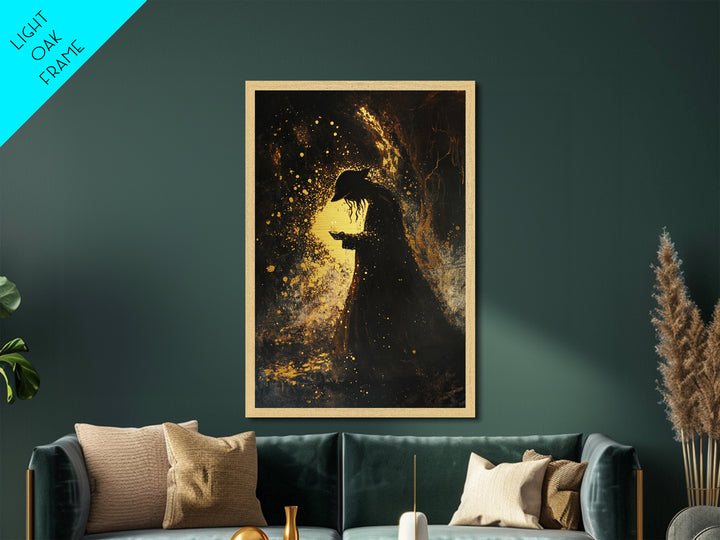 Spooky Gothic Metallic Gold Art Metal Art Skull Portrait – Halloween Horror Wall Hanging with Framed Natural Wood
