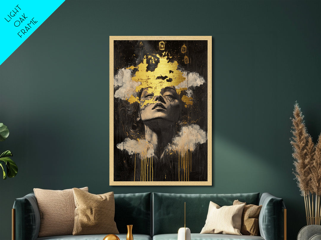 Haunted Dreams Metallic Gold Art, Gothic Spooky Season Metal Art Wall Décor, framed in natural real wood for Halloween