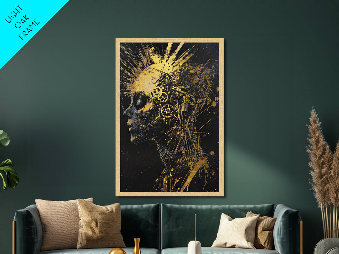 Metallic Gold Art Metal Art Mechanical Skull – Spooky Halloween Horror Wall Print with Dark Gothic Real Wood Frame