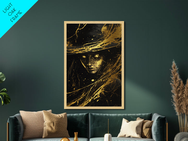 Halloween Witch Metallic Gold Art Metal Art Wall Hanging – Spooky Season Decor Framed in Rustic Real Wood