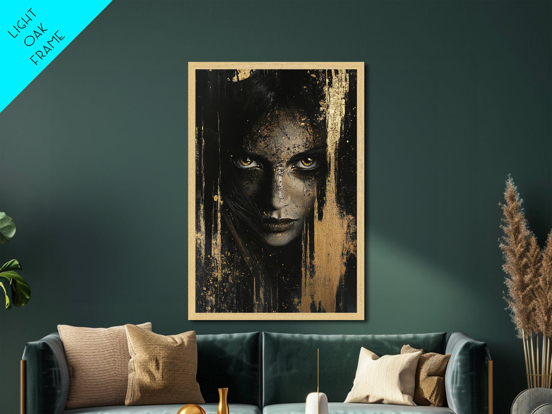 Metal Art Metallic Gold Art Haunted Gothic Female Portrait – Spooky Season Horror Aesthetic with Real Wood Frame