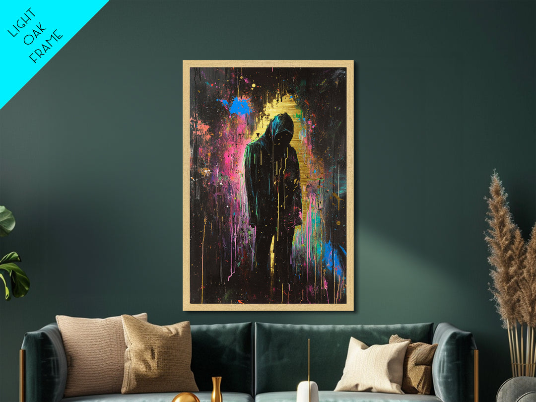 Dark Spooky Metallic Gold Art Metal Art Hooded Figure – Halloween Gothic Wall Print Framed with Natural Real Wood