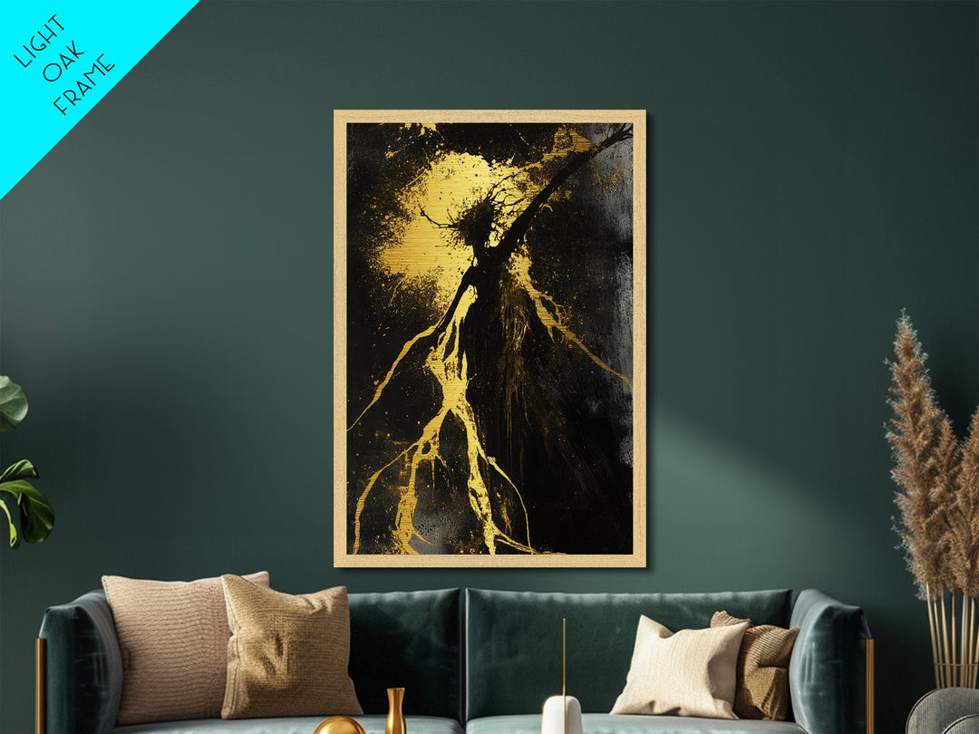 Metallic Gold Art Metal Art Haunted Forest Creature Silhouette – Gothic Halloween Decor with Real Wood Framed Finish
