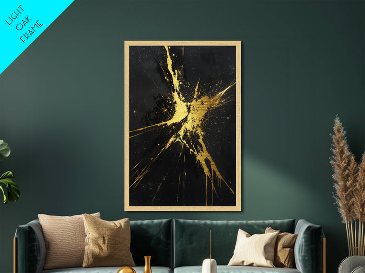 Metal Art Metallic Gold Halloween Wall Decor, Gothic Abstract Splatter Painting, Spooky Season Accent framed in real wood