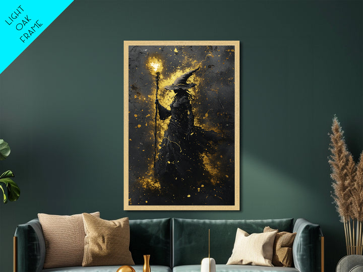 Witchy Gothic Decor Metallic Gold Art, Spooky Wizard Metal Art Wall Hanging, Halloween Home Style with natural wood frame
