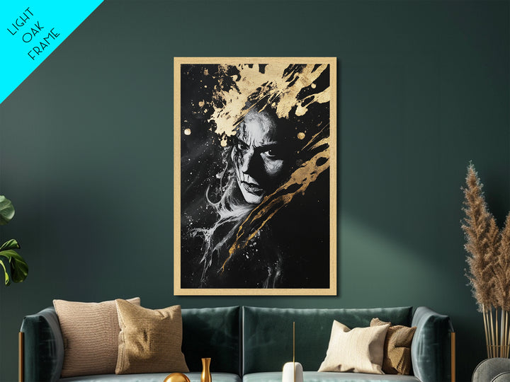 Haunted Portrait Halloween Metallic Gold Art, Gothic Horror Face Metal Art Print, Dark Wall Decor mounted in real wood frame