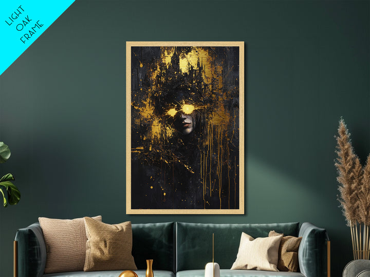 Glowing Eyes Dark Horror Portrait, Spooky Cityscape Metallic Gold Art, Creepy Season Metal Art with real wood frame