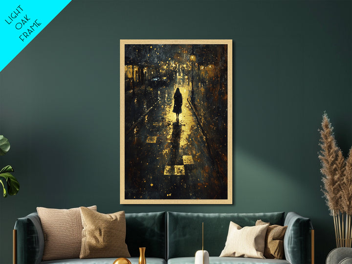 Spooky Night Street Scene Metallic Gold Art, Haunted City Metal Art Print, Gothic Halloween Wall Decor in rustic wood frame
