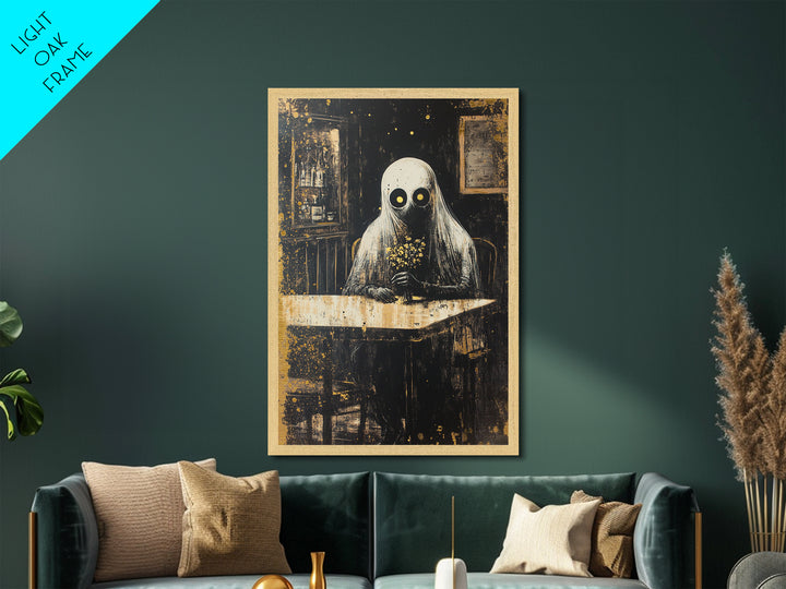 Haunted Cafe Metallic Gold Art, Spooky Ghost with Flowers Metal Art Print, Gothic Halloween Wall Hanging in wood frame display